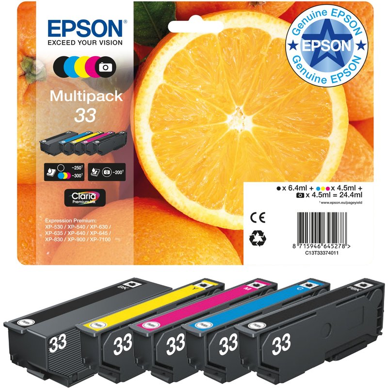 Epson Oranges 33 Claria Premium Multipack 5-colours Ink Standard Yield Black Photo black Cyan Magenta Yellow Pigment-based ink Dye-based ink 6.4 ml 4.5 ml