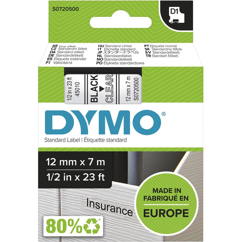 DYMO Authentic D1 Labels | Black Print on Clear Tape | 12 mm x 7 m | Self-Adhesive Labels for LabelManager Label Makers | Made in Europe Black on transparent Polyester Belgium -18 - 90 C DYMO LabelManager LabelWriter 450 DUO
