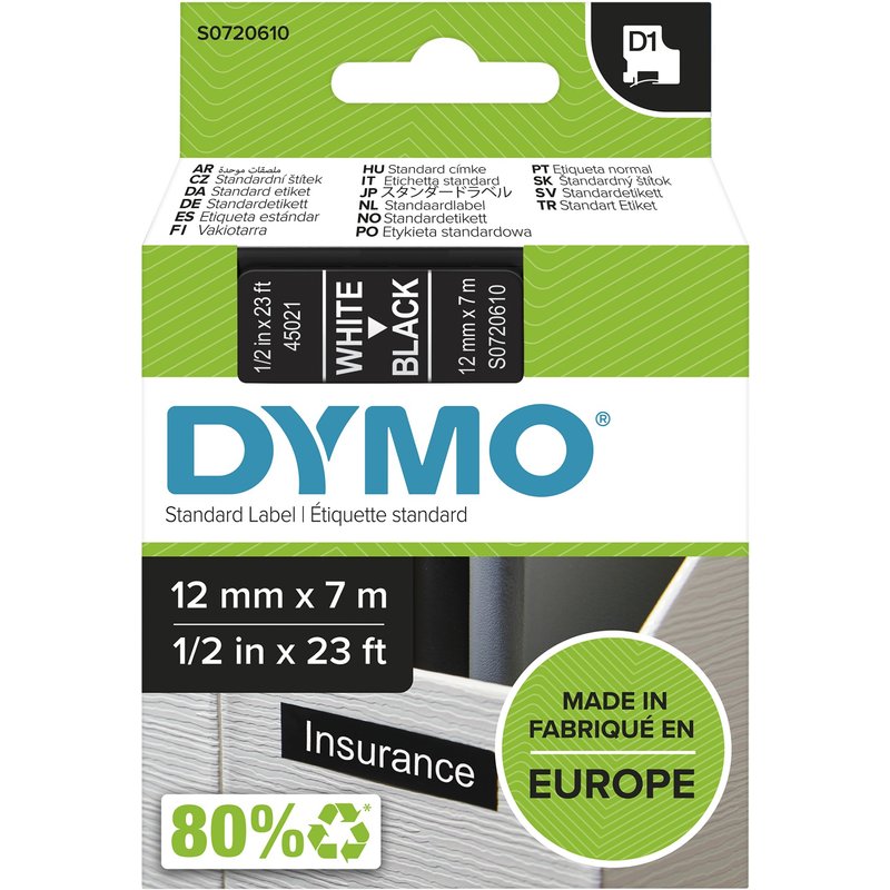 DYMO Authentic D1 Labels | White Print on Black Tape | 12 mm x 7 m | Self-Adhesive Labels for LabelManager Label Makers | Made in Europe