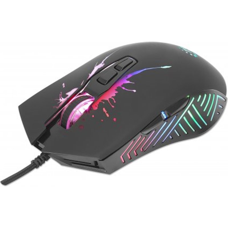 Manhattan Gaming Mouse with LEDs, Wired, Seven Button, Scroll Wheel, 7200dpi, Black with LED lighting, Three Year Warranty