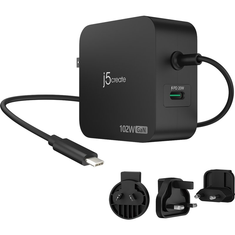 j5create 102W GaN PD USB-C 2-Port Charger with Changeable AC Plugs