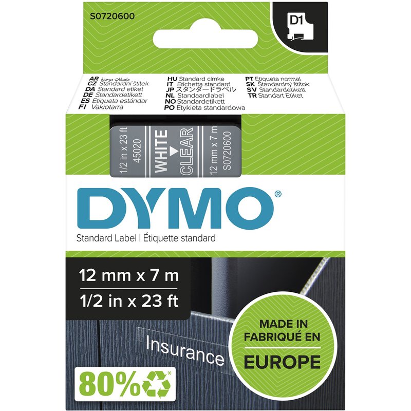 DYMO Authentic D1 Labels | White Print on Clear Tape | 12 mm x 7 m | Self-Adhesive Labels for LabelManager Label Makers | Made in Europe