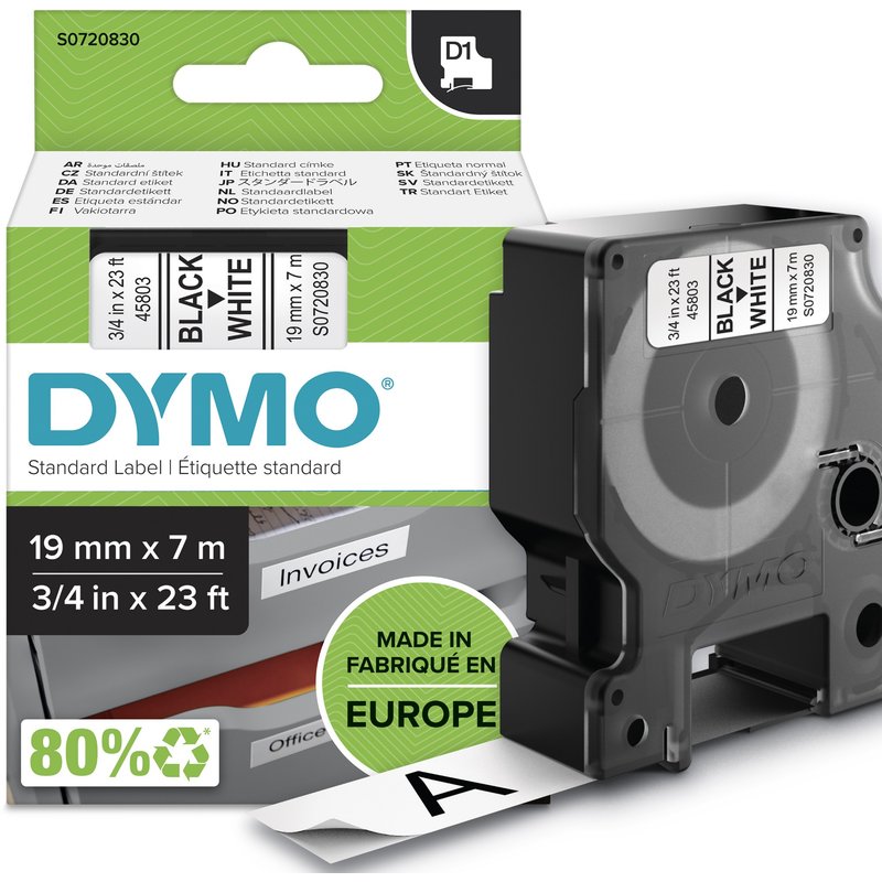 DYMO Authentic D1 Labels | Black Print on White Tape | 19 mm x 7 m | Self-Adhesive Labels for LabelManager Label Makers | Made in Europe Black on white D1 Polyester Belgium -18 - 90 C DYMO