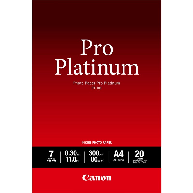 Canon PT-101 Pro Platinum Photo Paper A4 - 20 Sheets. Finish type: High-gloss Media weight: 300 g/m Printing media thickness: 300 m. Media sheets per package: 20 sheets Paper dimensions: 210 x 297mm Standard media sizes: A4
