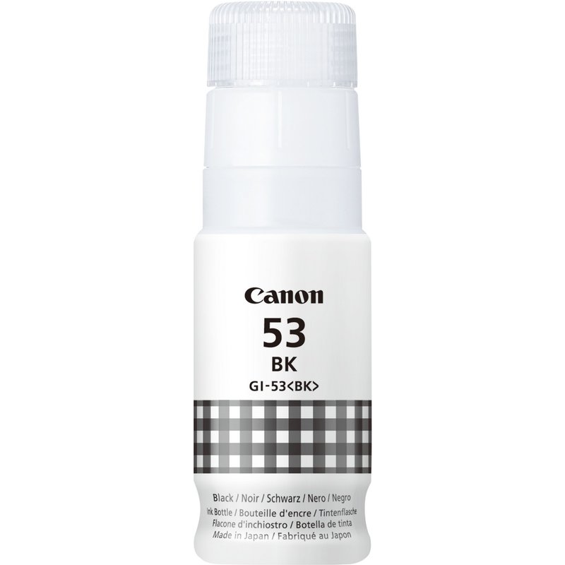 Canon GI-53BK Black Ink Bottle. Type: Original Printing colours: Black Compatibility: PIXMA G650 PIXMA G550. Quantity per pack: 1 pc(s)