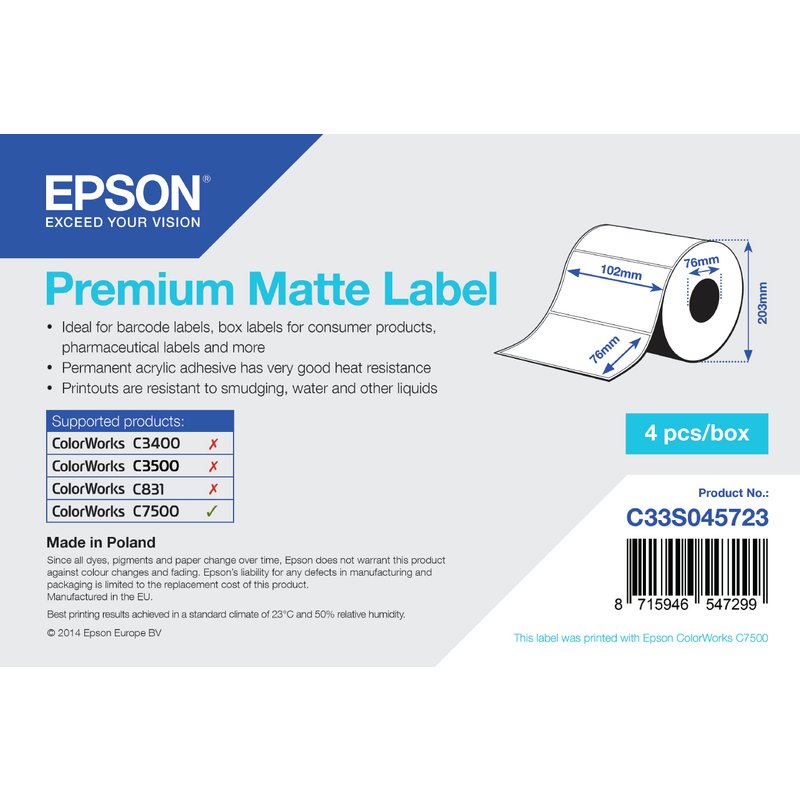 Epson Premium Matte Label - Die-cut Roll: 102mm x 76mm. 1570 labels