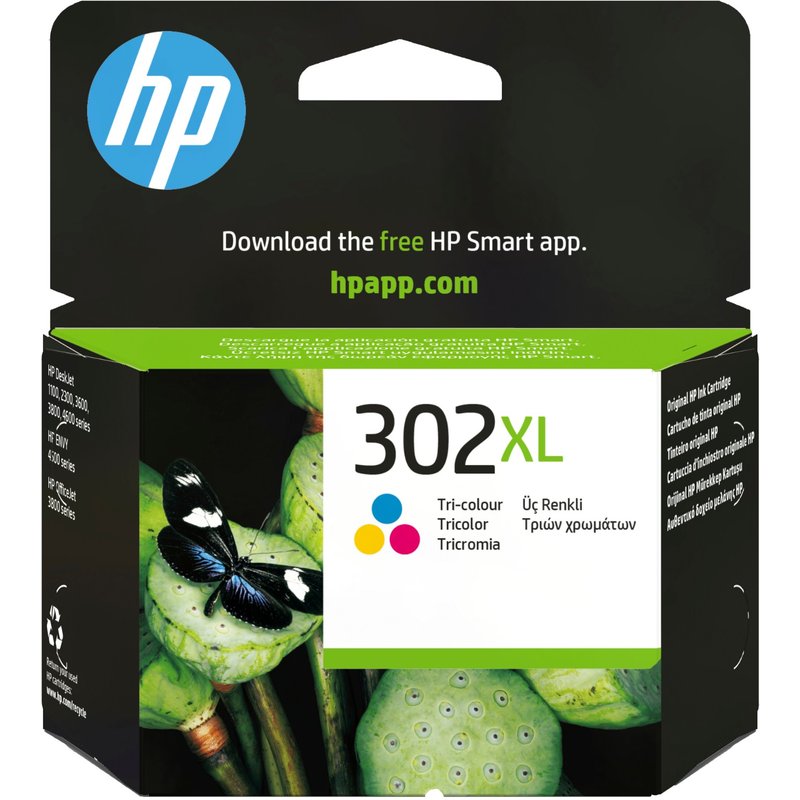 HP 302XL High Yield Tri-color Original Ink Cartridge. Colour ink type: Dye-based ink Cartridge capacity: High Colour ink page yield: 300 pages Printing colours: Cyan Magenta Yellow Quantity per pack: 1 pc(s)