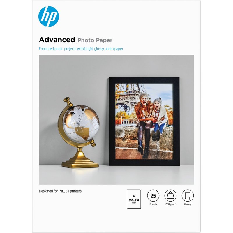 HP Advanced Photo Paper Glossy 250 g/m2 A4 (210 x 297 mm) 25 sheets Gloss A4 25 sheets Works with inkjet printers optimized for Original HP Ink Business 15 - 30 C