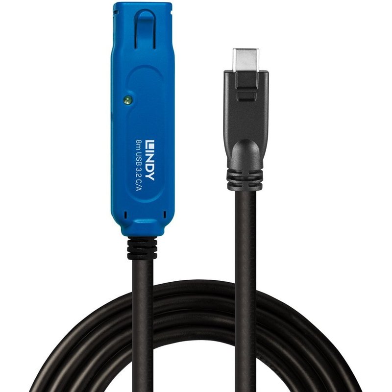 Lindy 43381. Cable length: 8 m. Connector 1: USB C Connector 2: USB A USB version: USB 3.2 Gen 1 (3.1 Gen 1) Maximum data transfer rate: 5 Gbit/s Connector contacts plating: Nickel/Gold Product colour: Black Blue