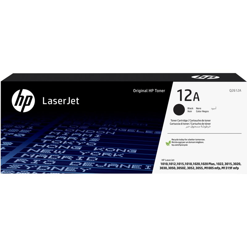 HP 12A Black Original LaserJet Toner Cartridge. Black toner page yield: 2000 pages Printing colours: Black Quantity per pack: 1 pc(s)