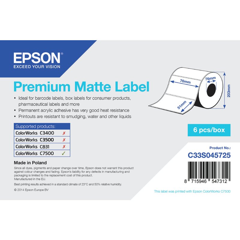 Epson Premium Matte Label - Die-cut Roll: 76mm x 51mm. 2310 labels