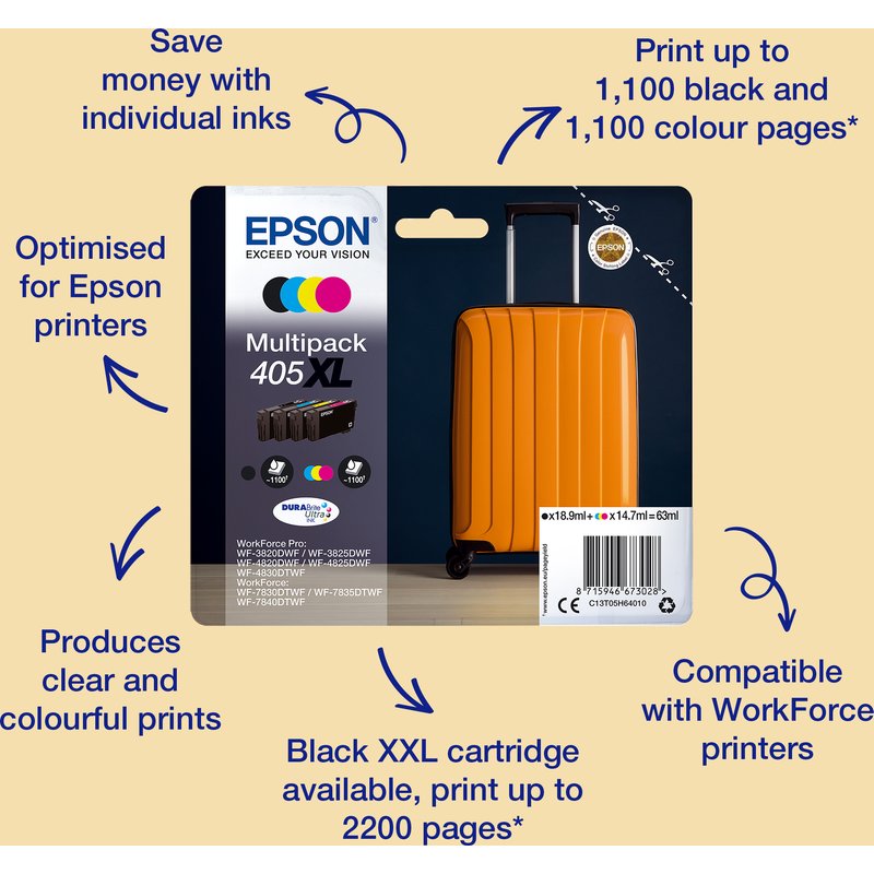 Epson Singlepack Black 405XL DURABrite Ultra Ink. Cartridge capacity: High (L) Yield Black ink type: Pigment-based ink Black ink volume: 18.9 ml Supply type: Single pack Printing colours: Black Quantity per pack: 1 pc(s)