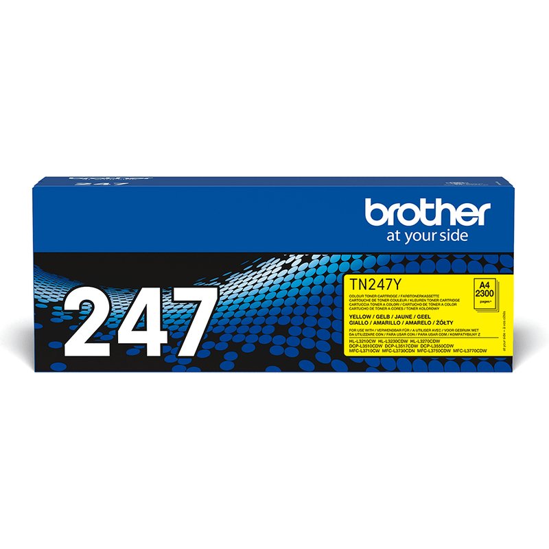 Brother TN-247Y. Colour toner page yield: 2300 pages Printing colours: Yellow Quantity per pack: 1 pc(s)