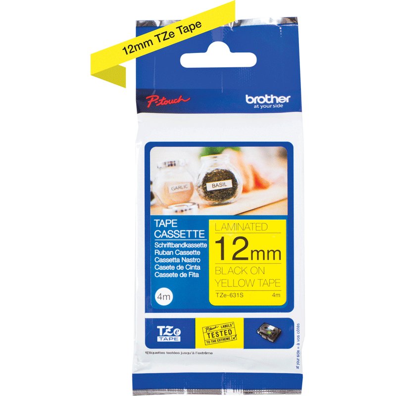 Brother TZE631S. Label colour: Black on yellow Tape type: TZe Country of origin: Philippines. Tape width: 1.2 cm Tape length: 4 m Width: 17 mm. Pallet gross height: 16.2 cm Master (outer) cases per pallet: 36 pc(s) Layers per pallet: 6 pc(s)