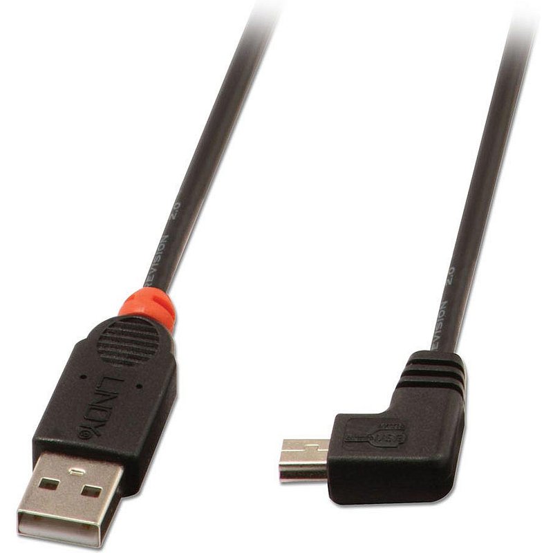 Lindy 1m USB 2.0 Cable - Type A to Mini-B 90 Degree Right Angle. Cable length: 1 m. Connector 1: USB A Connector 2: Mini-USB B USB version: USB 2.0 Connector gender: Male/Male Maximum data transfer rate: 0.48 Gbit/s Product colour: Black