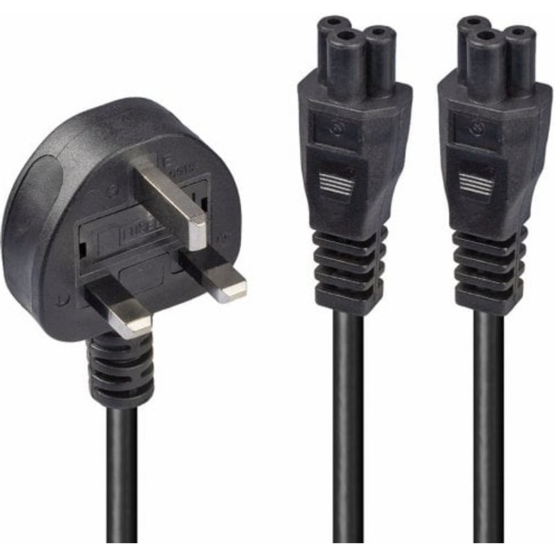 Lindy 2.5m UK 3 Pin Plug To IEC 2 x C5 Splitter Extension Cable Black. Cable length: 2.5 m Connector 1: Power plug type G Connector 2: 2 x C5 coupler Cable type: H03VVH2-F