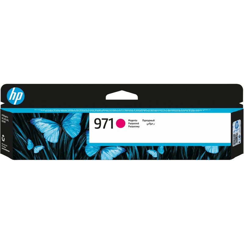 HP 971 Magenta Original Ink Cartridge. Colour ink type: Pigment-based ink Cartridge capacity: Standard Yield Colour ink page yield: 2500 pages Colour ink volume: 31.5 ml Printing colours: Magenta Quantity per pack: 1 pc(s)