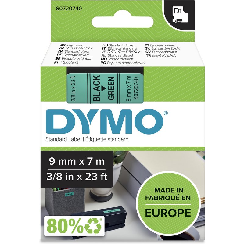 DYMO Authentic D1 Labels | Black Print on Green Tape | 9 mm x 7 m | Self-Adhesive Labels for LabelManager Label Makers | Made in Europe Black on green Polyester Belgium -18 - 90 C DYMO LabelManager LabelWriter 450 DUO