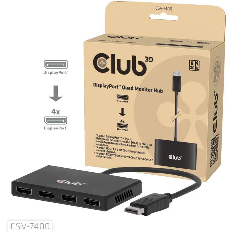 CLUB3D Quad DisplayPort™ Hub – 4 x 4K Resolution @ 30Hz. MST Support