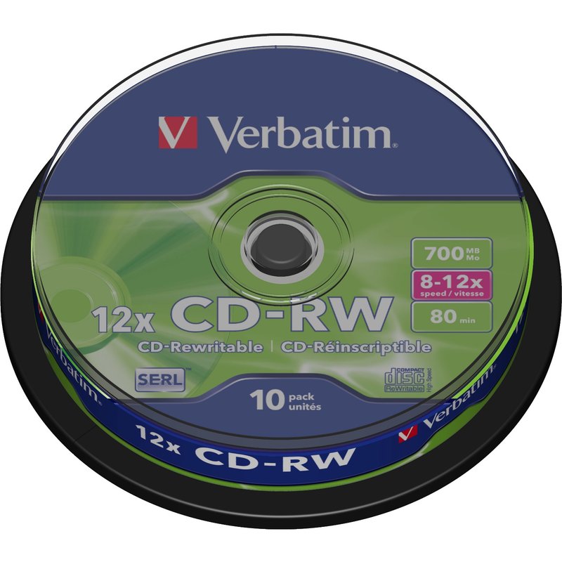 Verbatim CD-RW 12x. Type: CD-RW CD storage capacity: 700 MB Quantity per pack: 10 pc(s). CD write speed: 12x. Package type: Carton. Quantity outer carton: 100 pc(s)
