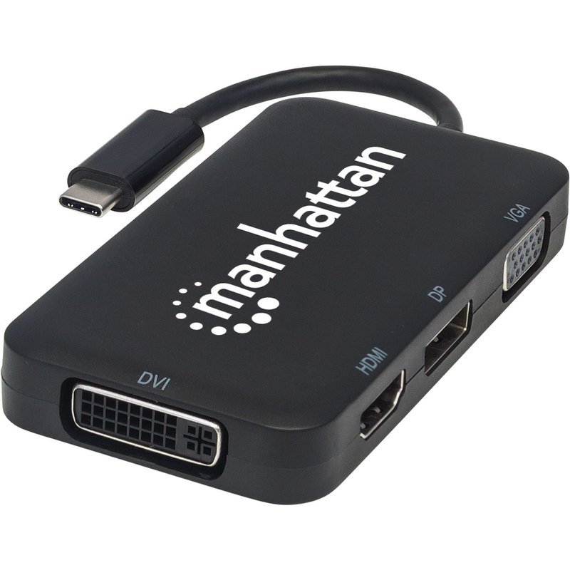 Manhattan USB-C Dock/Hub Ports (x4): DisplayPort DVI-I HDMI or VGA Note: Only One Port can be used at a time External Power Supply Not Needed Universal for all devices Cable 8cm Black Three Year Warranty USB Type-C Black Acrylonitrile but
