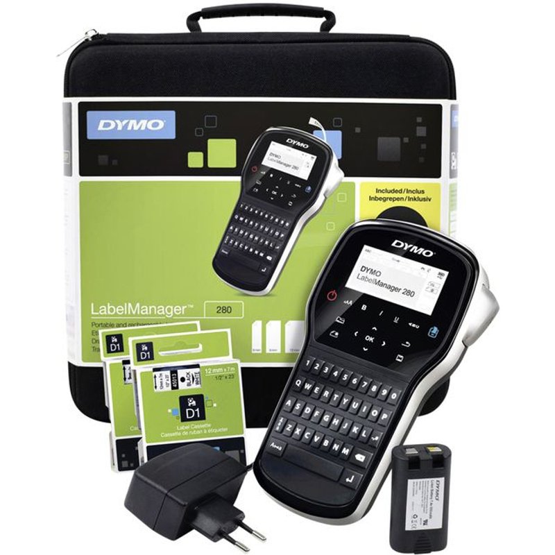 DYMO LabelManager 280 Rechargeable Handheld Label Maker Kit | QWERTY Keyboard | with 2 Rolls of D1 Labels & Carrying Case QWERTY D1 Thermal transfer Wired Black Silver