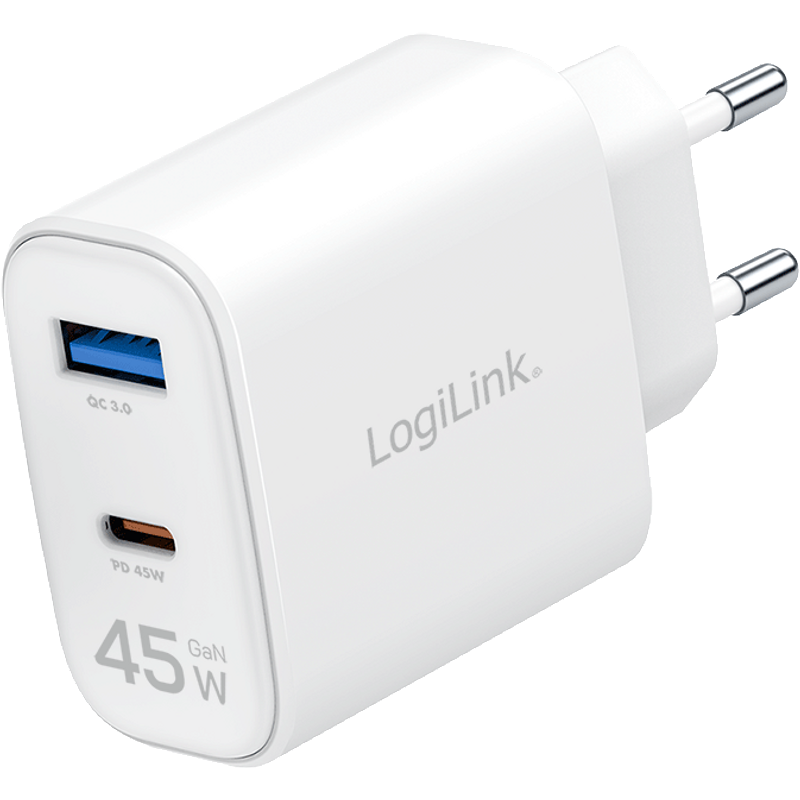 LogiLink USB-A/C charger. 45 W. GaN. 2-port. 1x USB-A (QC). 1x USB-C (