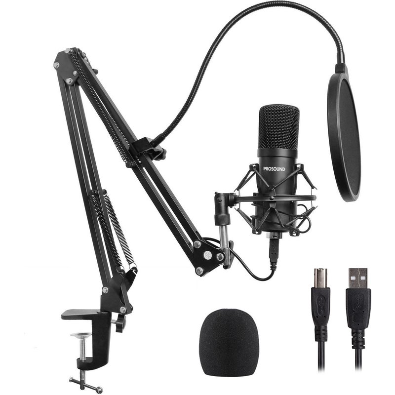 ProSound USB Condenser Cardioid Microphone with Boom Arm Kit inc Pop F