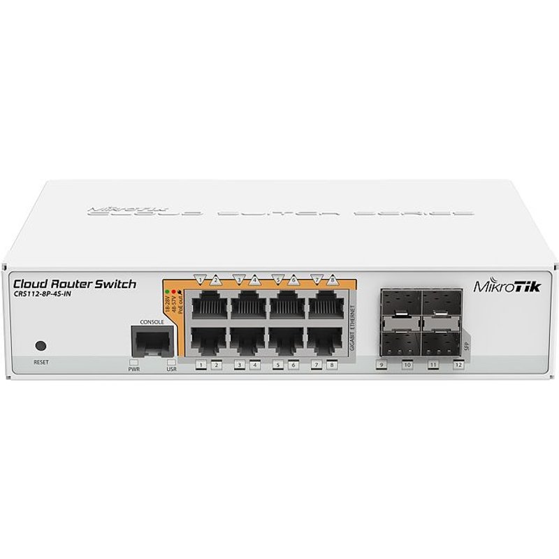 Mikrotik Cloud Router Switch CRS112-8P-4S-IN, 128MB RAM, 8×G-LAN PoE-out, 4×SFP, RouterOS L5