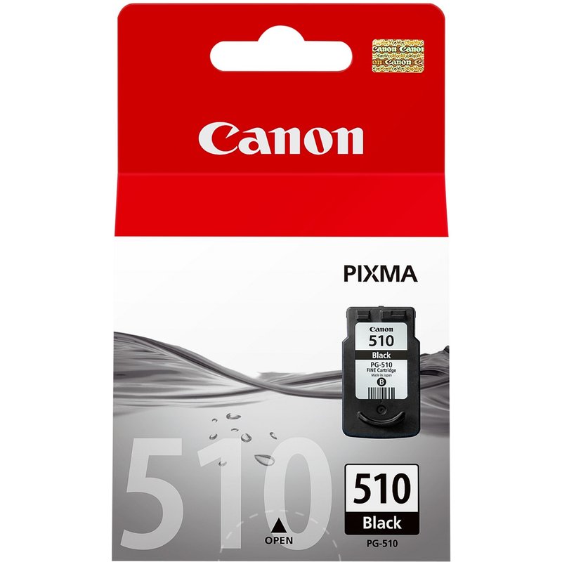 Canon PG-510BK Black Ink Cartridge. Colour ink type: Dye-based ink Printing colours: Photo black Quantity per pack: 1 pc(s) Black ink page yield: 220 pages