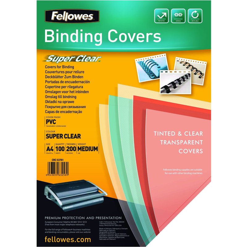Fellowes 5376001. Format: A4 Material: PVC Product colour: Transparent. Thickness: 0.15 mm Width: 297 mm Depth: 1 mm. Quantity per pack: 100 pc(s)