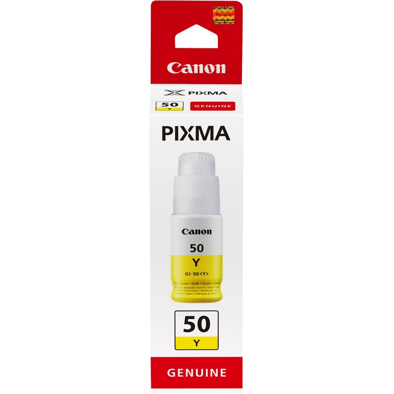Canon GI-50 Y High Yield Ink Bottle Yellow. Colour ink type: Pigment-based ink Printing colours: Yellow Quantity per pack: 1 pc(s) Black ink page yield: 7700 pages