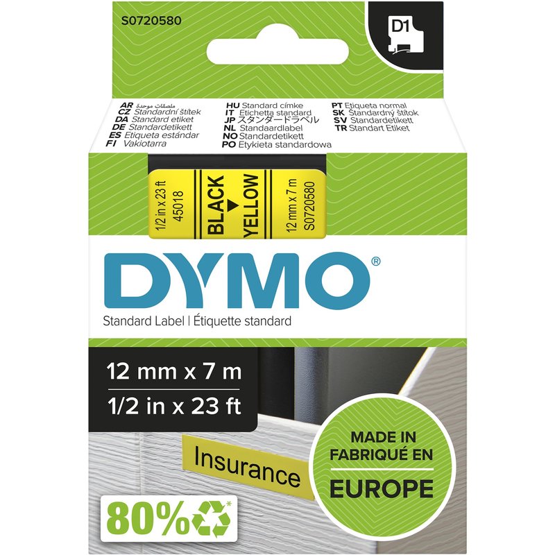 DYMO Authentic D1 Labels | Black Print on Yellow Tape | 12 mm x 7 m | Self-Adhesive Labels for LabelManager Label Makers | Made in Europe