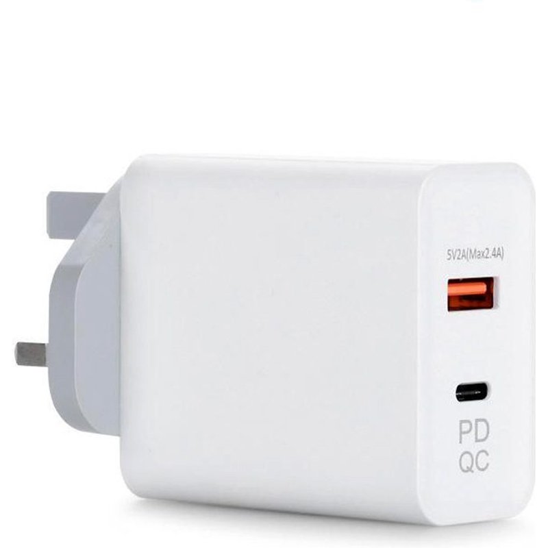 FDL 2 PORT 1X USB A QC3 & 1 X USB-C PD MAINS CHARGER 45W - BLACK