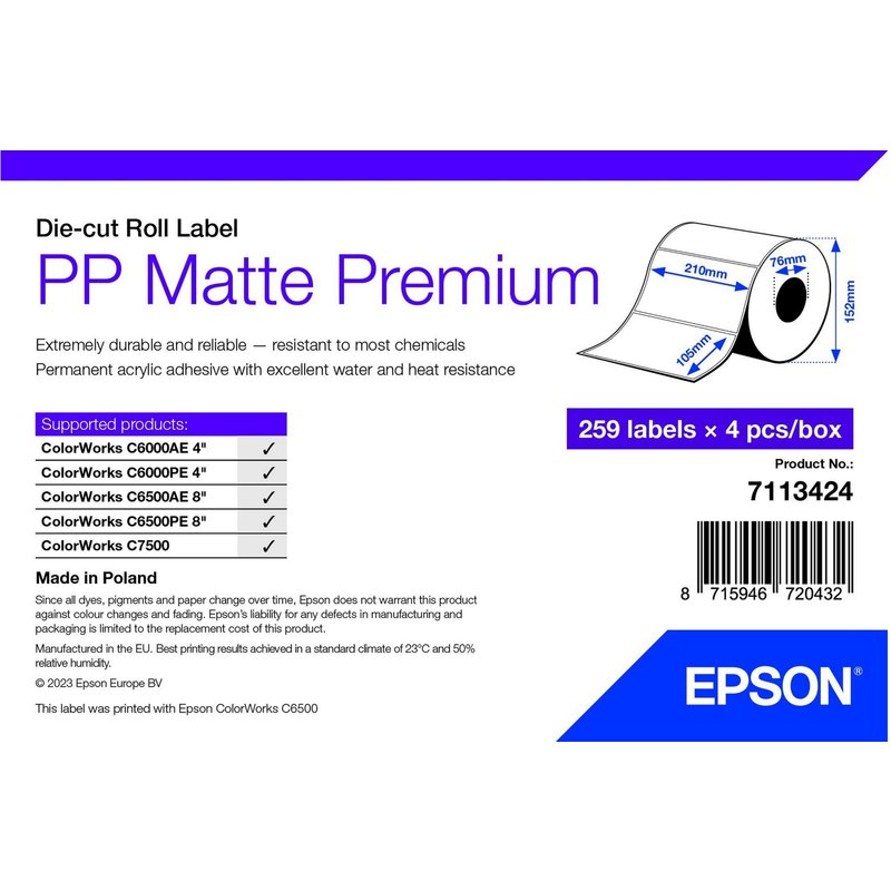 Epson PP Matte Label Premium. Die-cut Roll. 105mm x 210mm. 259 Labels
