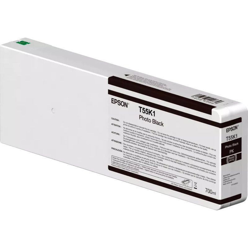 Epson Singlepack Photo Black T55K100 UltraChrome HDX/HD 700ml. Black ink volume: 700 ml Supply type: Single pack Colour ink volume: 700 ml Printing colours: Black Quantity per pack: 1 pc(s)