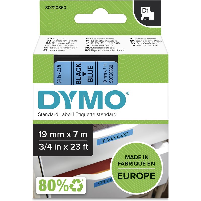 DYMO Authentic D1 Labels | Black Print on Blue Tape | 19 mm x 7 m | Self-Adhesive Labels for LabelManager Label Makers | Made in Europe