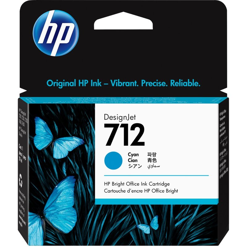 HP 712 29-ml Cyan DesignJet Ink Cartridge HP DesignJet T210 T230 T250 T630 T650 Printer series Thermal inkjet Cyan Singapore Malaysia 114 mm 25 mm