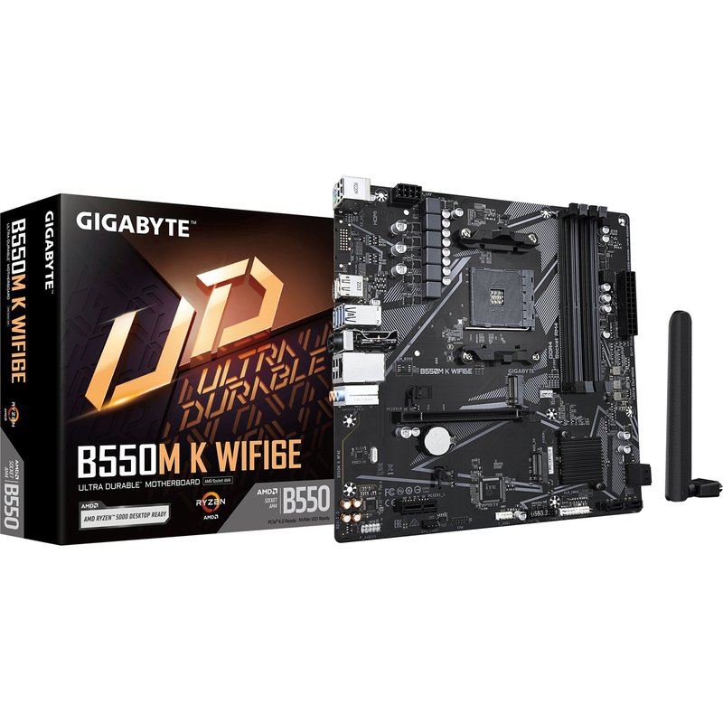 GIGABYTE B550M K WIFI6E Motherboard - AMD Ryzen 5000 CPUs up to 4733MHz DDR4 1xPCIe 4.0 + 1xPCIe 3.0 M.2 WIFI 6E 1GbE LAN USB 3.2 Gen 1