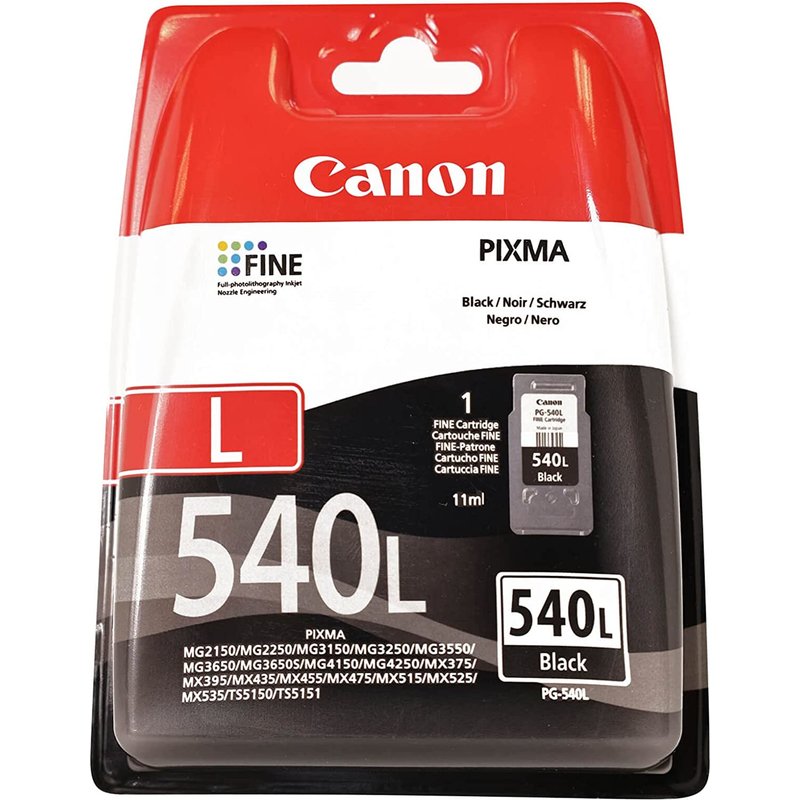 Canon PG-540L. Cartridge capacity: Standard Yield Black ink volume: 11 ml Supply type: Single pack Printing colours: Black Quantity per pack: 1 pc(s) Black ink page yield: 300 pages