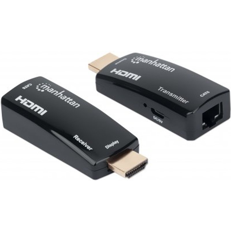 Manhattan 1080p@60Hz Compact HDMI over Ethernet Extender Kit, Extends Distances of Signal up to 60m with a Single Cat6 Ethernet Cable, Transmitter and Receiver included, Power over Cable, Ultra Slim Design, Three Year Warranty, Black