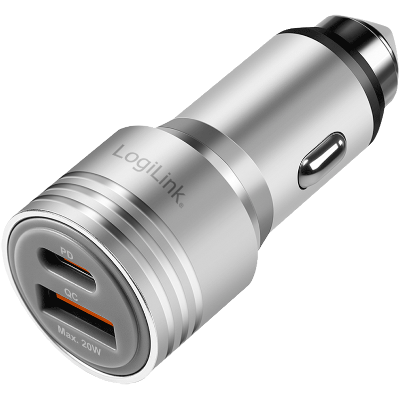LogiLink USB Car Charger. 2 Port. 20W fast charging. silver