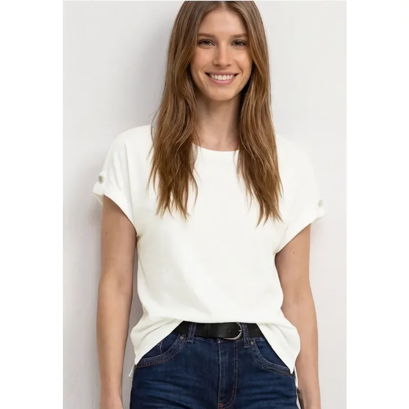 Street One Femme T-shirt à col rond avec détails de boutons in Blanc, in size: 34