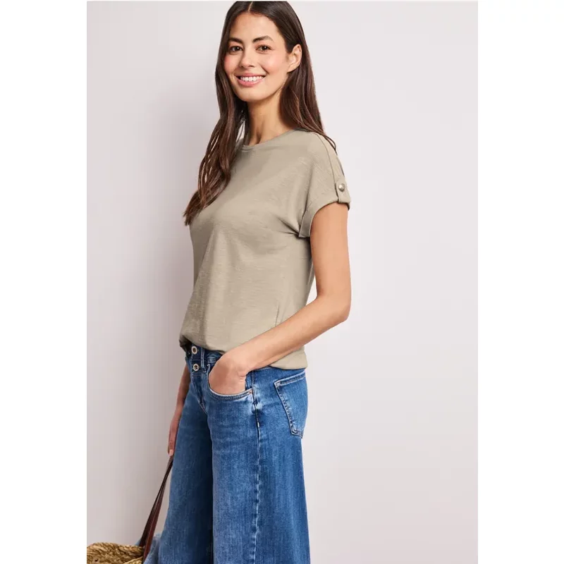 Street One Femme T-shirt à col rond avec détails de boutons in Beige, in size: 34