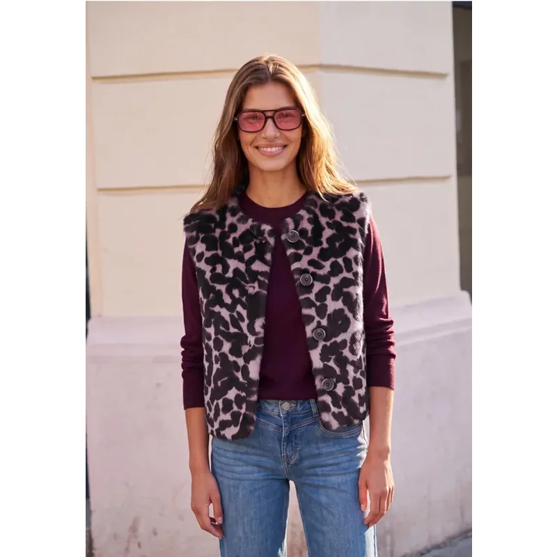 Fake Fur Weste mit Rundhals und Print