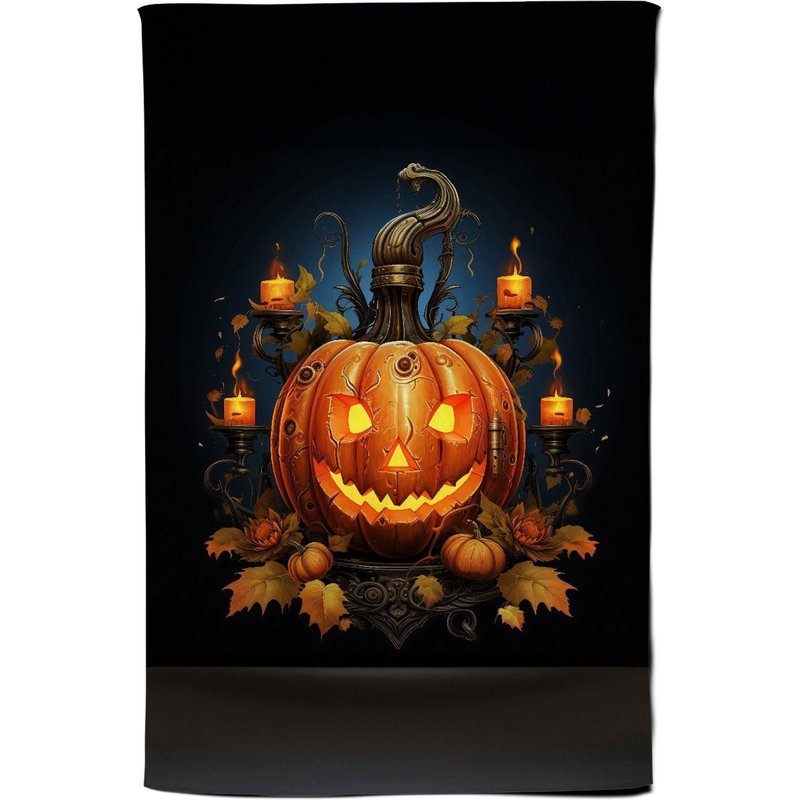 Warren Reed - Designer Spooy Pumpkin With Leaves & Small Candles Tea Towel in Orange