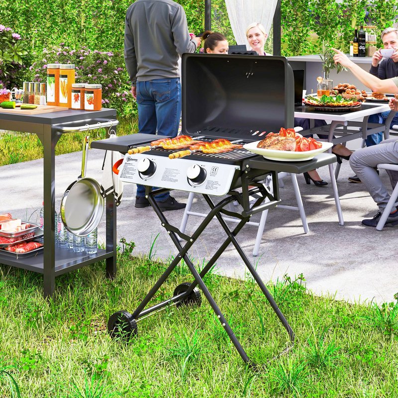 OUTSUNNY Portable Foldable Gas Barbecue Grill with Thermometer, Lid, Black