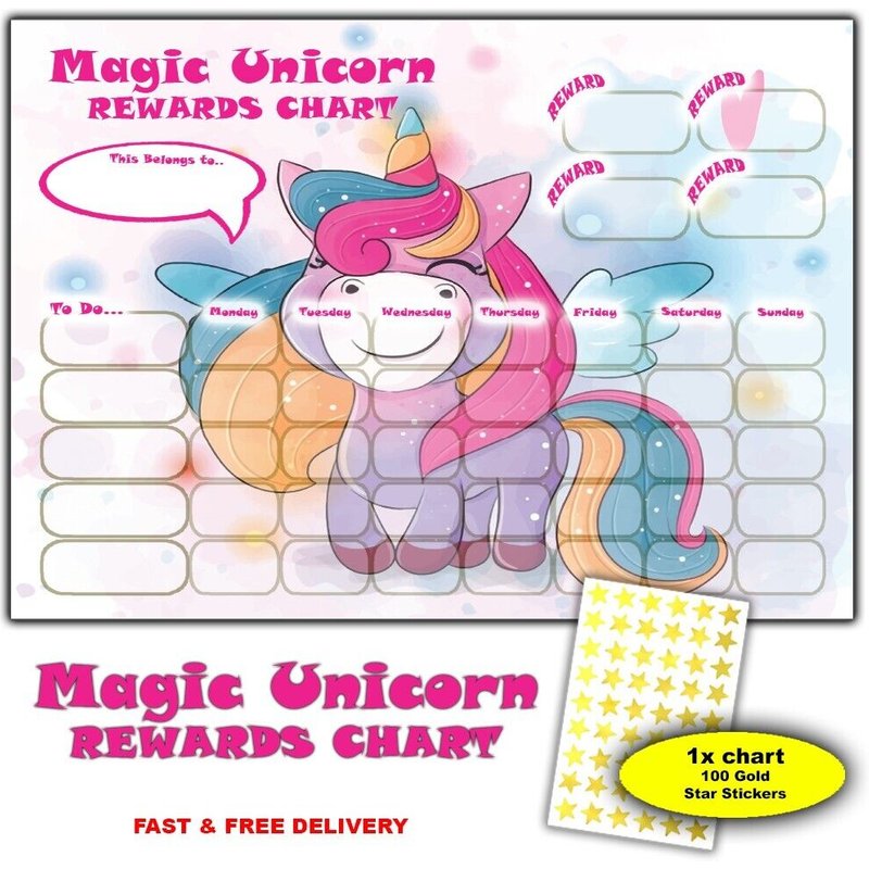 Magic Unicorn Reward Chart for Kids - 100 Gold Star Stickers – Good Behaviour