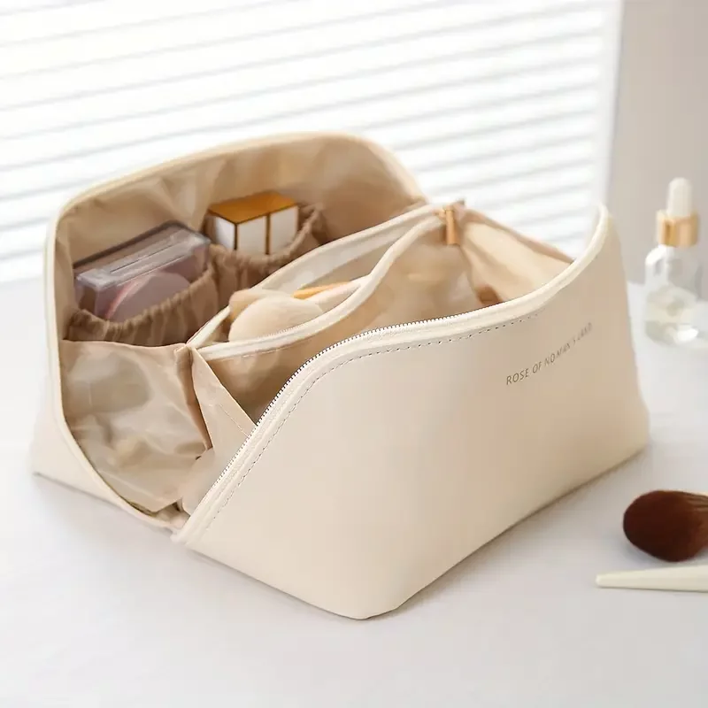 Large Capacity Travel Makeup Bag with Dividers & Handle - Beige