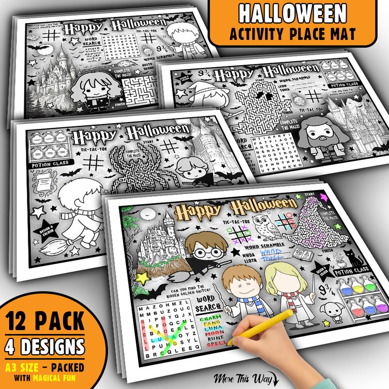 Harry Potter Halloween Activity Placemats β 12 Pack Kids A3 Sheets β 4 Designs